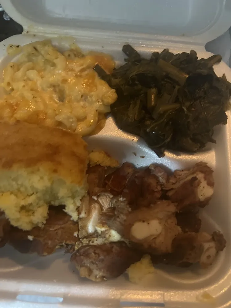 Rib Tips Mac and Cheese and Greens